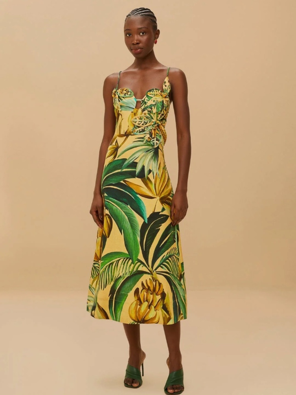 FARM RIO 3D YELLOW BANANA ART MIDI DRESS